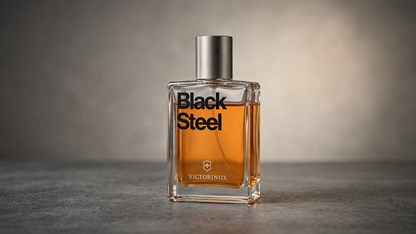 Victorinox Black Steel fragrance bottle with amber liquid